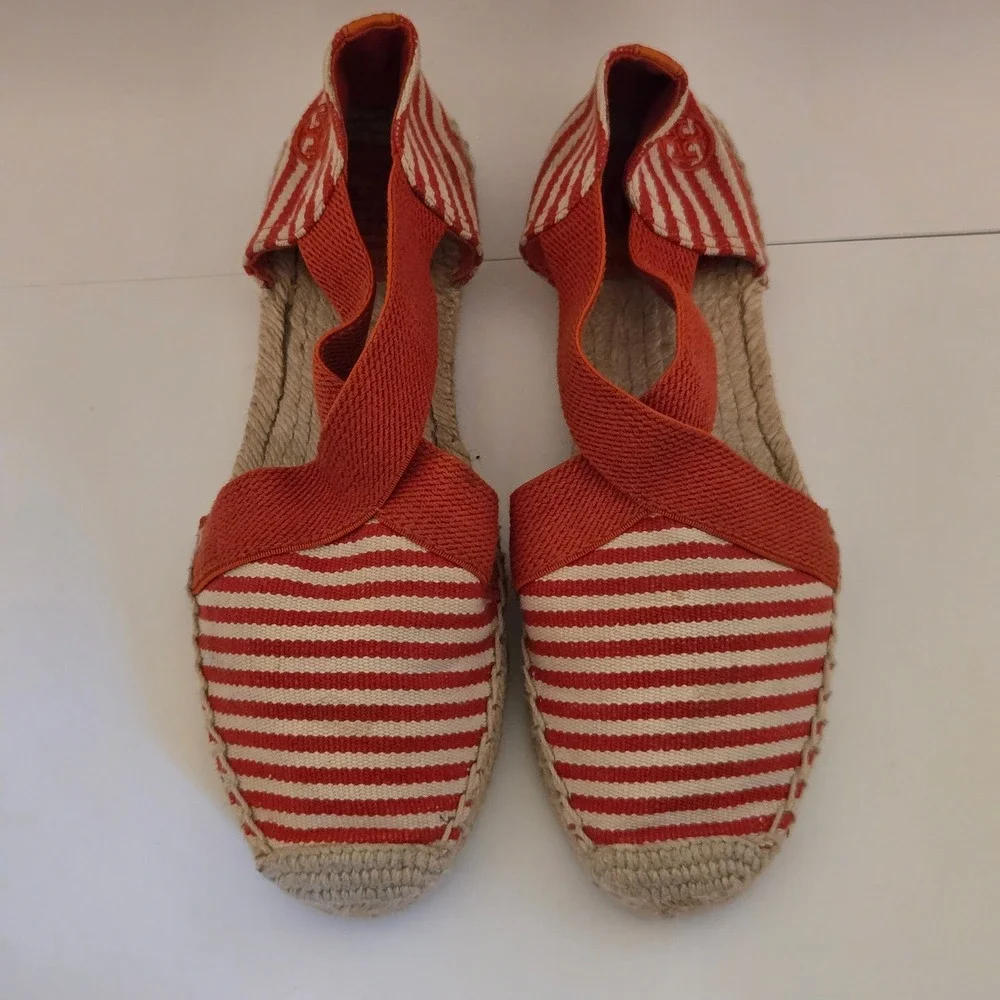 Tory Burch Striped Canvas Espadrille Flats Red White Elastic Straps Womens 7M